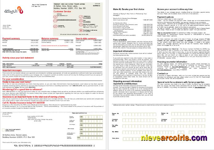 Syrian Al Baraka bank mortgage statement, 2 pages